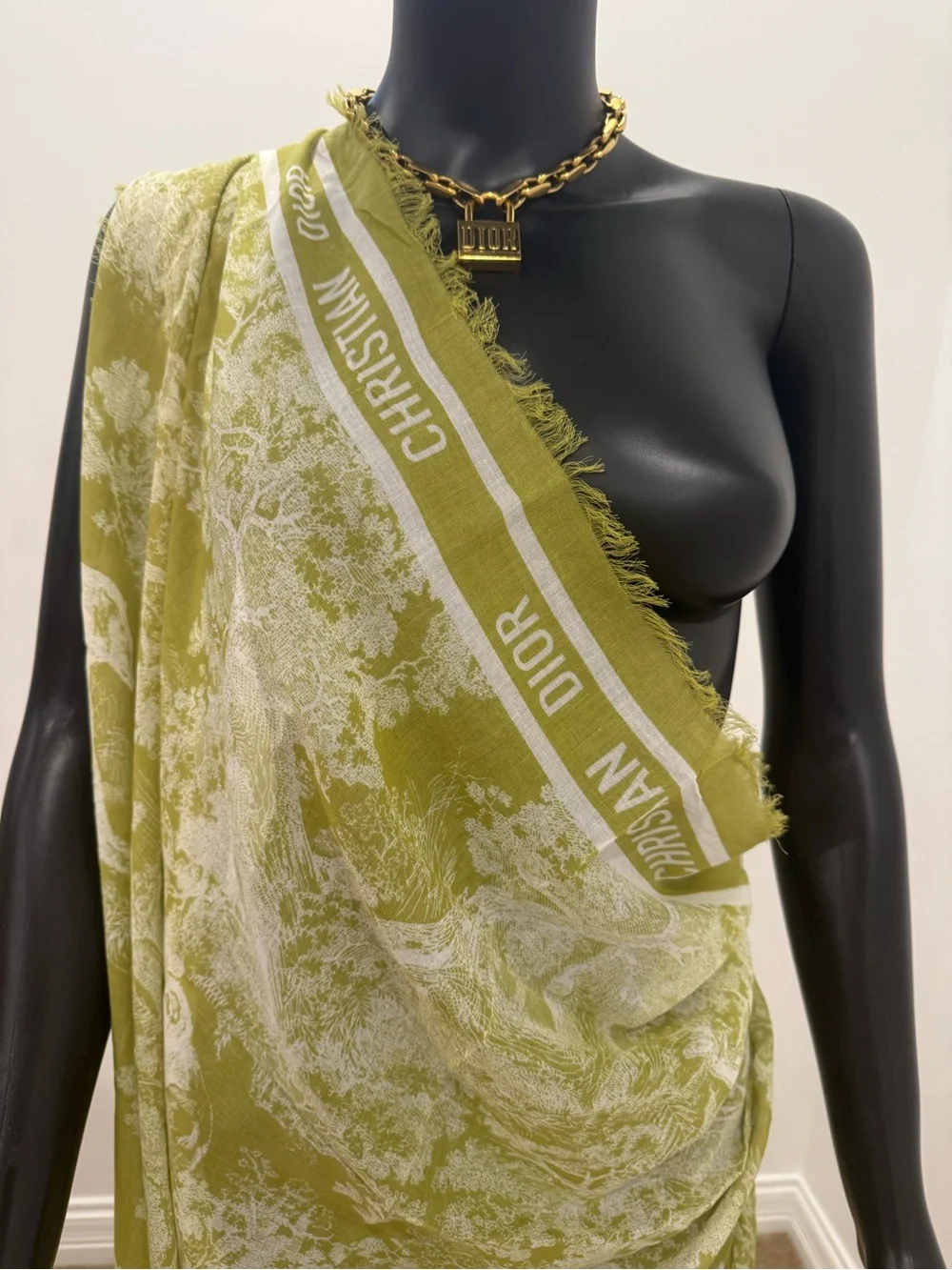Dior Dioriviera Toile de Jouy Green Cotton Pareo Shawl Scarf 53”x53” NEW